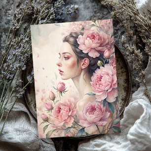 Papier Mousseline Élégante fille vintage blonde avec des pivoines ro
