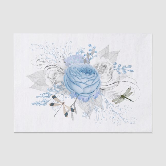 Papier Mousseline Élégante libellule bleu argenté florale (Recto)