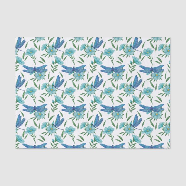 Papier Mousseline Élégante libellule botanique florale et bleue (Recto)