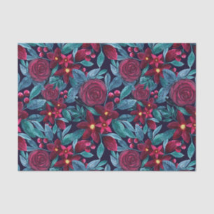 Papier Mousseline Elégante marine Bourgogne Noël Floral Aquarelle