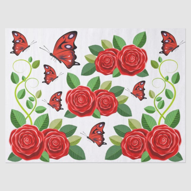 Papier Mousseline Élégante Rosée Rouge Fleur Et Papillon Découpage (Recto)