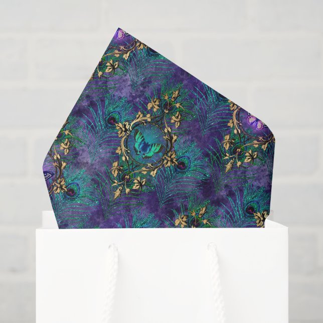 Papier Mousseline Élégantes plumes de paon (Sac cadeau)