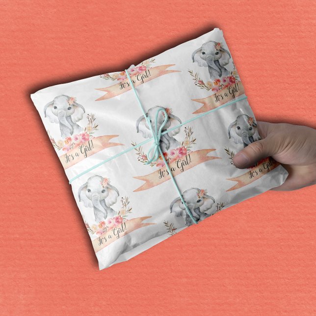 Papier Mousseline Elephant Baby shower Boho Chic Coral Aquarelle (Créateur téléchargé)