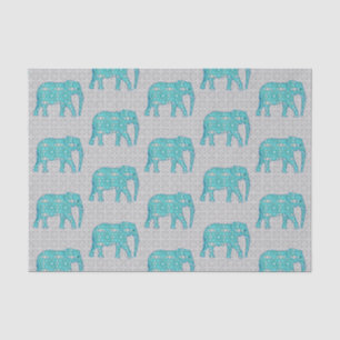 Papier Mousseline Eléphant de Fleur Mandala, Turquoise, Gris & Blanc