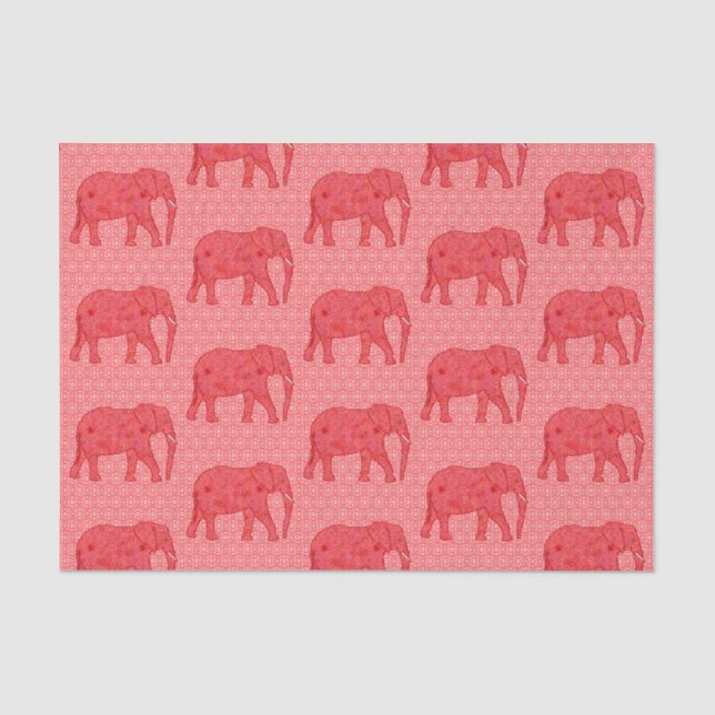 Papier Mousseline Eléphant de fleurs, rouge profond et corail (Recto)