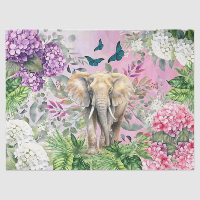 Papier Mousseline Elephant de la jungle & Hydrangeas & Papillons (Recto)