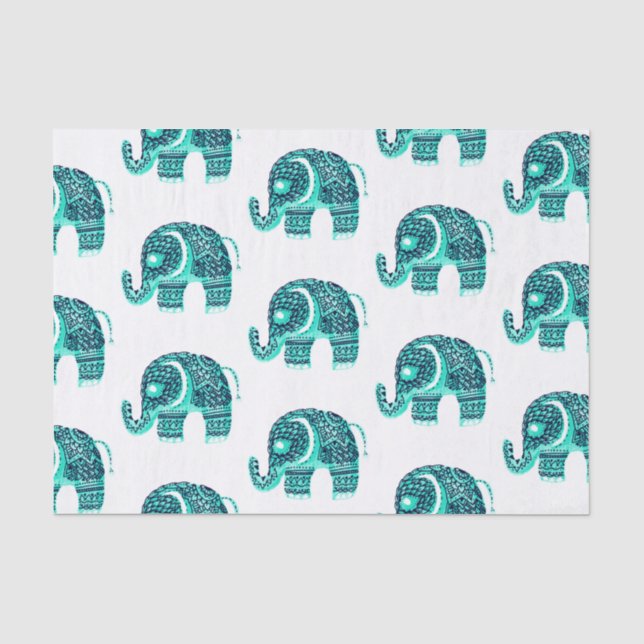 Papier Mousseline Éléphant mignon de henné floral turquoise (Recto)