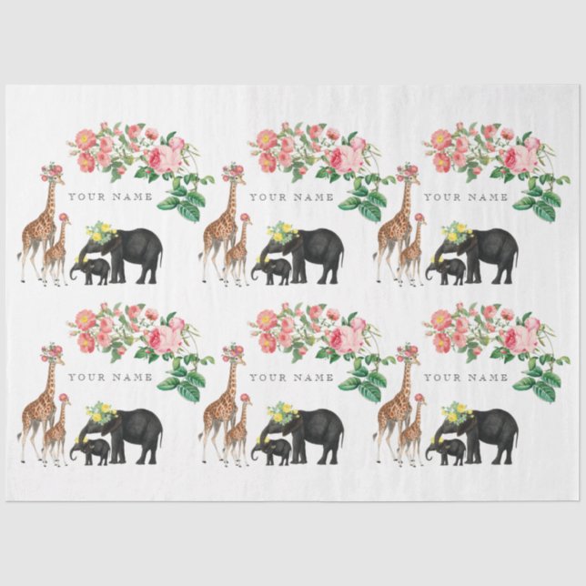 Papier Mousseline Eléphant mignon et girafe Floral Nom personnalisé (Recto)