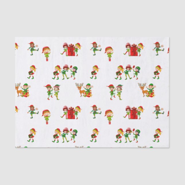 Papier Mousseline Elfes de Noël vert mignons avec des présents (Recto)