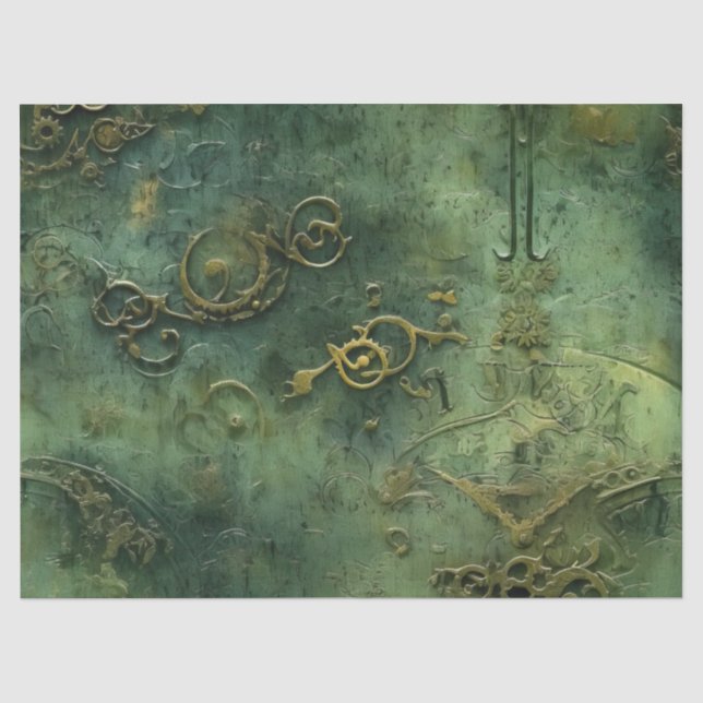 Papier Mousseline Émeraude Green Rustic Steampunk Horloge (10) (Recto)