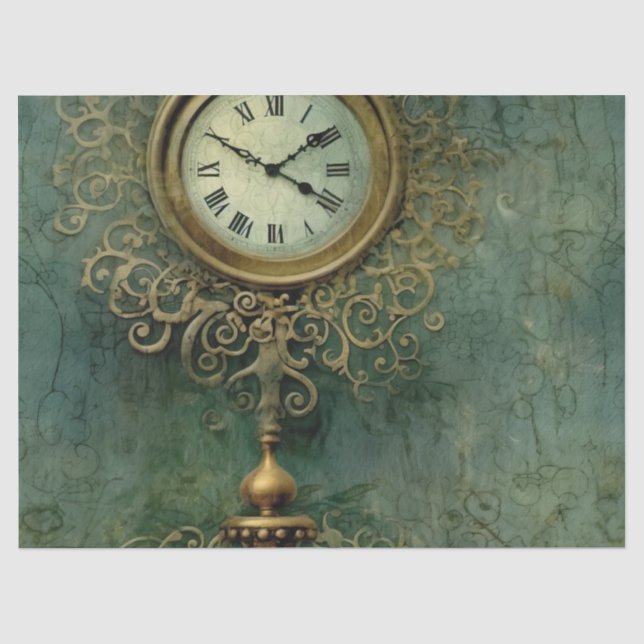 Papier Mousseline Émeraude Green Rustic Steampunk Horloge (2) (Recto)