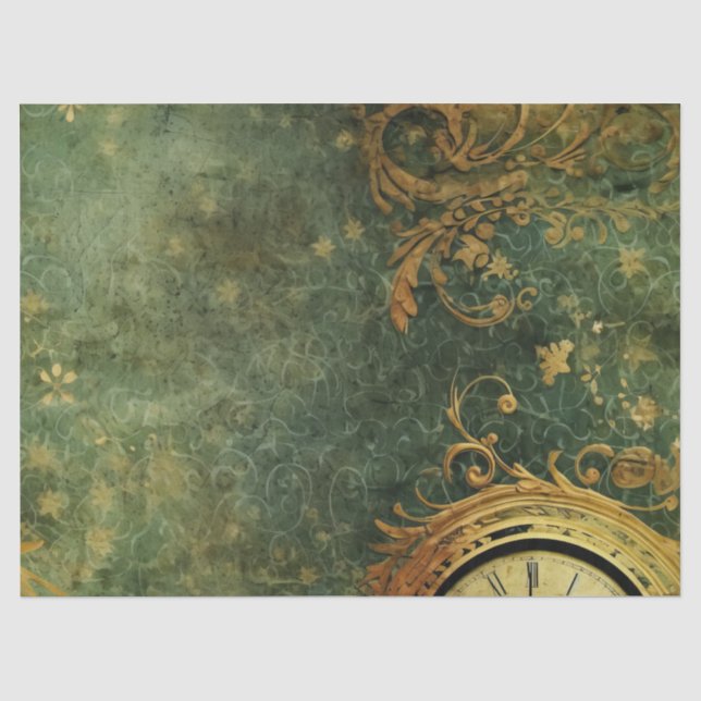 Papier Mousseline Émeraude Green Rustic Steampunk Horloge (6) (Recto)