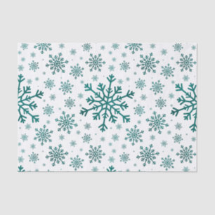 Papier Mousseline Émeraude Vert Noël Snowflakes sur Blanc d'hiver