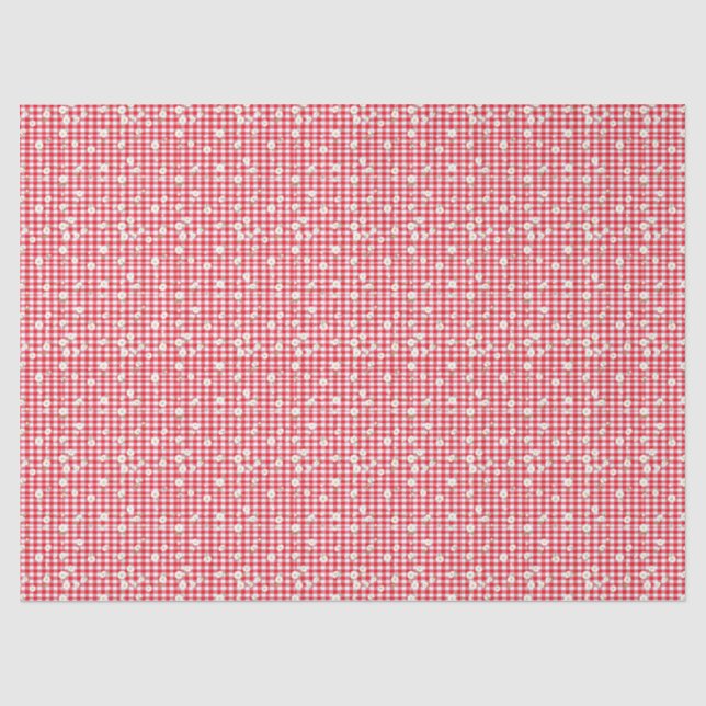 Papier Mousseline En vichy rouge avec petites marguerites blanches (Recto)