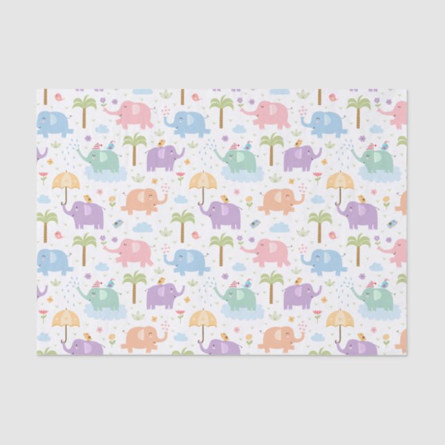 Papier Mousseline Enfants Eléphants Joyeux Pastel Rose Bleu Vert (Recto)