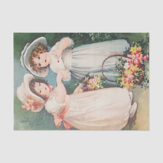 Papier Mousseline Enfants victoriens tenant une Saint Valentin & Fle (Recto)