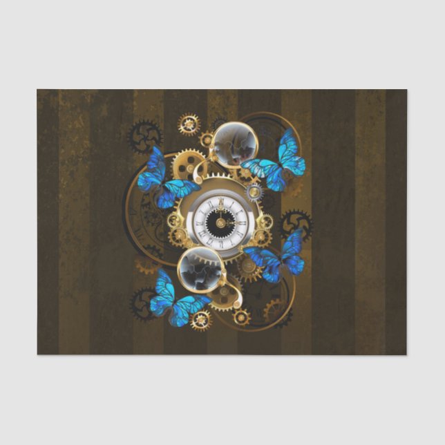 Papier Mousseline Engrenages à vapeur et papillons bleus (Recto)