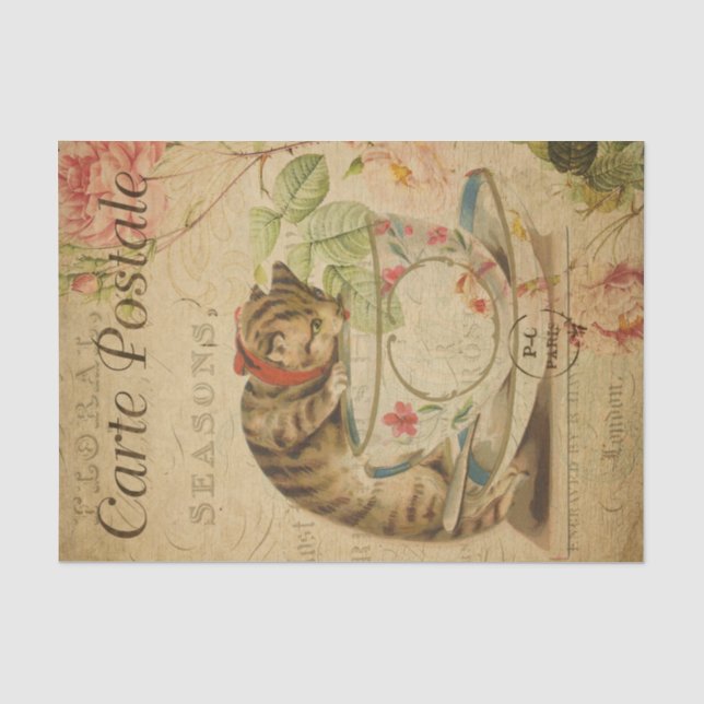 Papier Mousseline Ephemera Carte Postale Française Jolie Chat Découp (Recto)