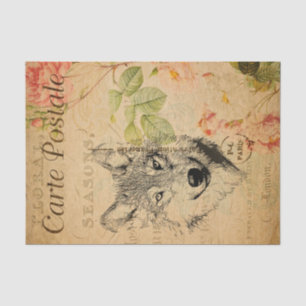 Papier Mousseline Ephemera Carte Postale Française Wolf Floral Décou
