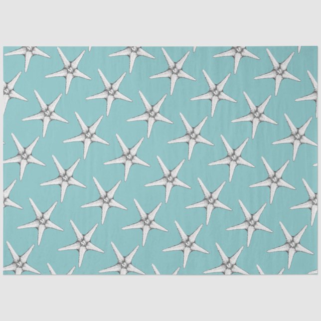 Papier Mousseline Estarfish blanc à motif bleu aqua (Recto)