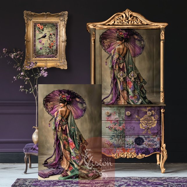 Papier Mousseline Esthétique orientale japonais Geisha Portrait Art (Oriental Aesthetics, Geisha Portrait Art, Moody Purple and Green Decoupage Tissue Paper)
