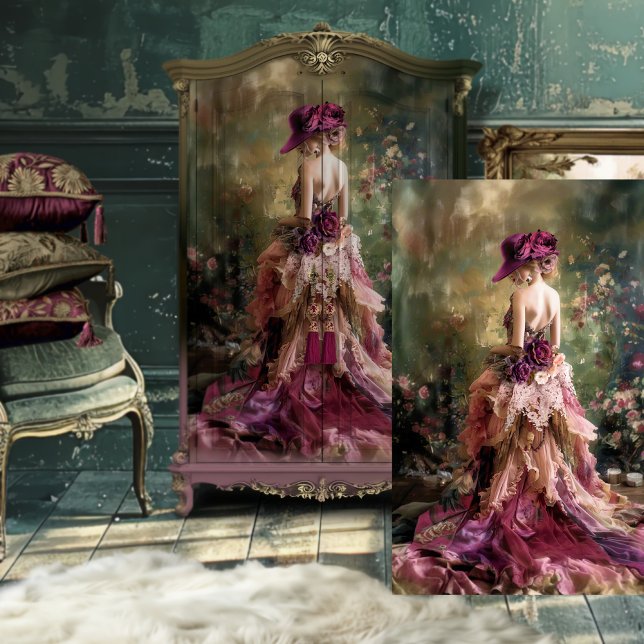 Papier Mousseline Ethereal Elegance Burgundy Wine Portrait & Floral (Burgundy Wine Lady in a Hat Ethereal Portrait & Floral Digital Decoupage Tissue Paper)
