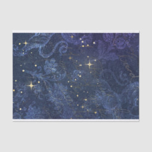 Papier Mousseline étoile d'or céleste bleu floral fané