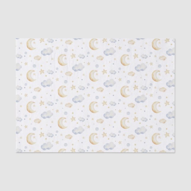 Papier Mousseline Etoiles de lune d'aquarelle et Motif de nuage (Recto)