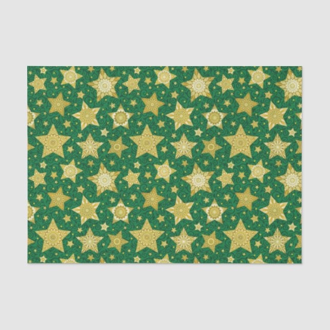 Papier Mousseline Étoiles élégantes d'or sur la damassé verte (Recto)