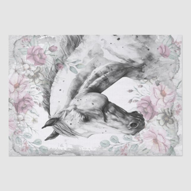 Papier Mousseline Étonnant Cheval Dapper Gris Floral (Recto)