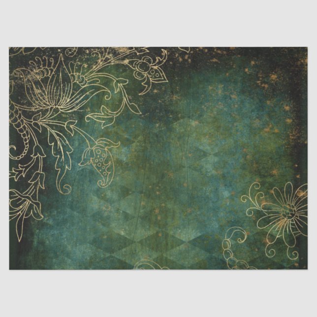 Papier Mousseline Extraits floraux d'or sur Découpage vert (Recto)