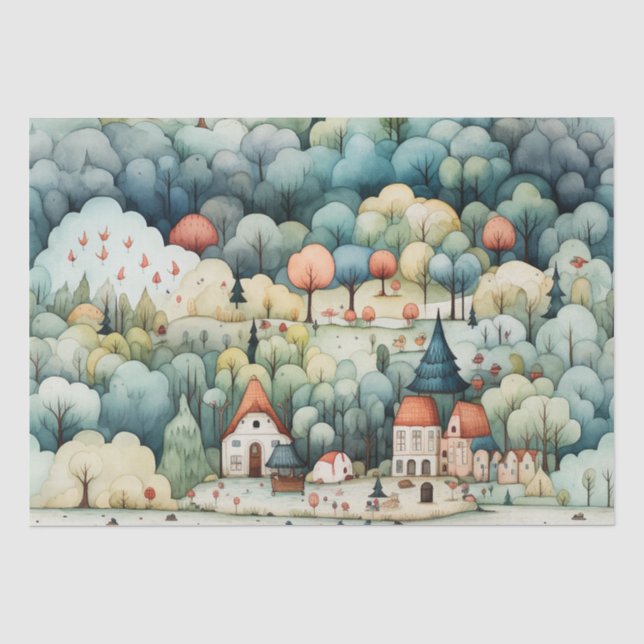 Papier Mousseline Fairytale à Fairyland Village Green et Orange (Recto)