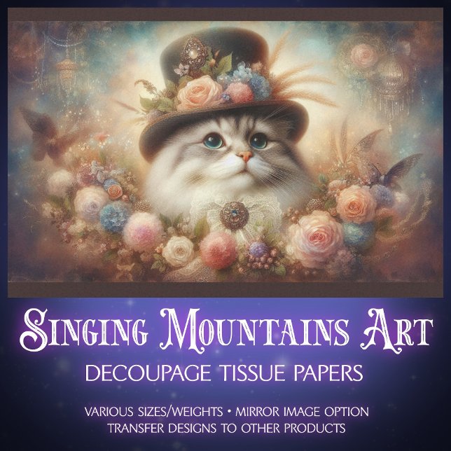 Papier Mousseline Fancy Cat in Victorian Hat Floral Decoupage  (Créateur téléchargé)