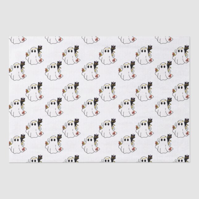 Papier Mousseline Fantômes blancs et chats noirs Halloween blanc (Recto)