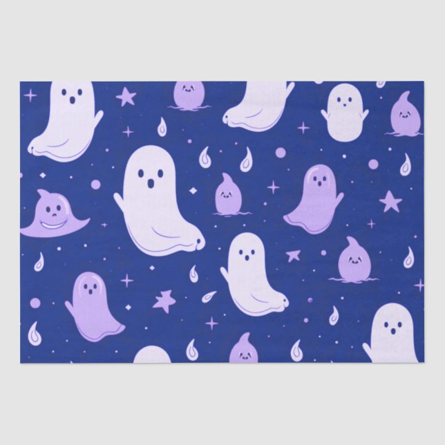 Papier Mousseline Fantômes blancs et violets Étoiles Bleu Halloween (Recto)