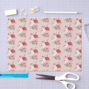 Papier Mousseline Fard Rose Blanc Roses Rouges Floral Mariage