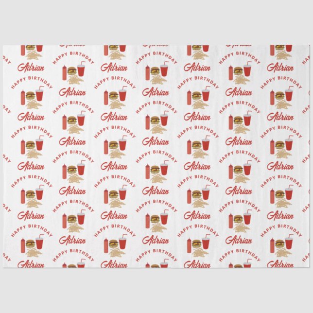 Papier Mousseline Fast Food Burger Fries Motif Anniversaire Nom (Recto)