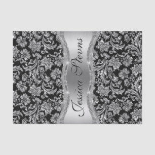 Papier Mousseline Faux Argent Floral Damques Arrière - plan noir