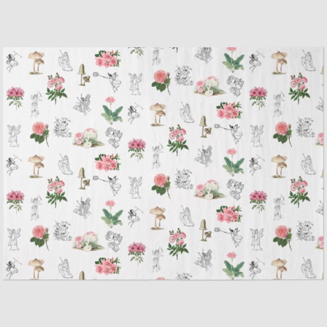 Papier Mousseline Fées Rose Floral & Champignons Motif de fées (Recto)
