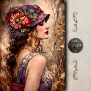 Papier Mousseline Femme au chapeau fleuri vintage découpage