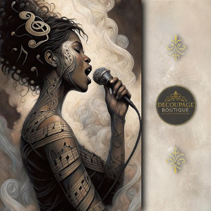 Papier Mousseline Femme chantant avec tatouages musicaux découpage