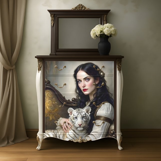 Papier Mousseline Femme de tigre blanc Élégant Imaginaire découpage (White Tiger Woman Elegant Fantasy Decoupage Tissue Paper)