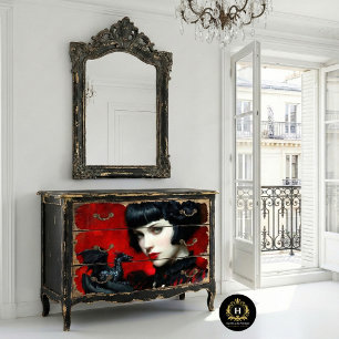 Papier Mousseline Femme Dragon Rouge Noir Gothique Fantastique Décou