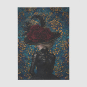 Papier Mousseline Femme française victorienne robe noire chapeau déc