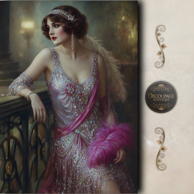 Papier Mousseline Femme Glamour Flapper Rose Découpe (Pink Flapper Glam Woman Decoupage Tissue Paper)