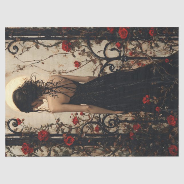 Papier Mousseline Femme gothique en robe noire parmi les roses rouge (Recto)
