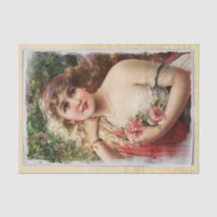 Papier Mousseline Femme victorienne aux roses roses romantiques