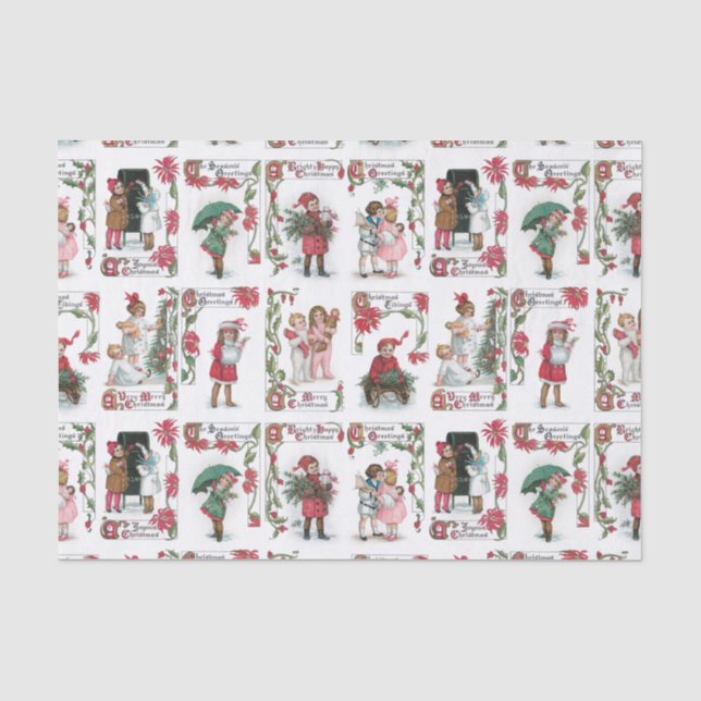Papier Mousseline Festif Enfants victoriens avec voeux de Noël (Recto)