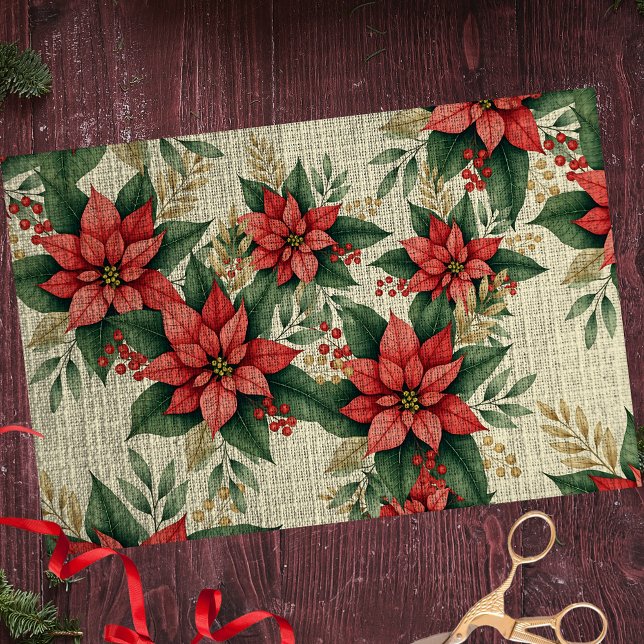 Papier Mousseline Festin Poinsettia Green Feuilles Berries rouges (Créateur téléchargé)
