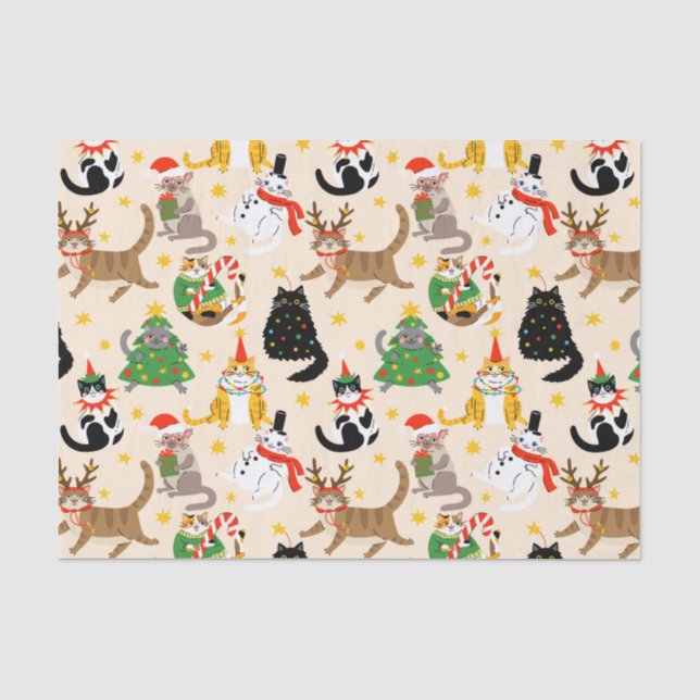 Papier Mousseline Festive Chats Motif de Noël (Recto)